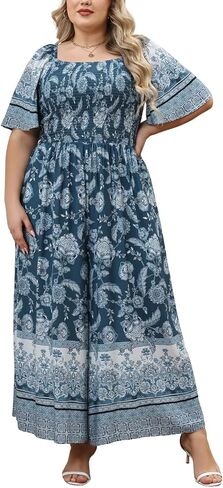 Keluummi Plus Size Wedding Guest Jumpsuits for Curvy Women, Summer Casual Floral Empire Waist Wide Leg One Piece Long Rompers in Saudi Arabia