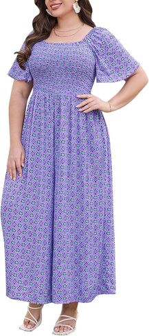 Keluummi Plus Size Wedding Guest Jumpsuits for Curvy Women, Summer Casual Floral Empire Waist Wide Leg One Piece Long Rompers in Saudi Arabia