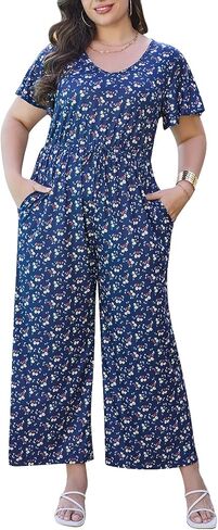 Keluummi Plus Size Wedding Guest Jumpsuits for Curvy Women, Summer Casual Floral Empire Waist Wide Leg One Piece Long Rompers in Saudi Arabia