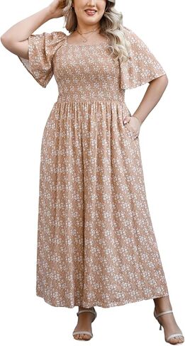 Keluummi Plus Size Wedding Guest Jumpsuits for Curvy Women, Summer Casual Floral Empire Waist Wide Leg One Piece Long Rompers in Saudi Arabia
