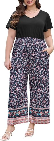 Keluummi Plus Size Wedding Guest Jumpsuits for Curvy Women, Summer Casual Floral Empire Waist Wide Leg One Piece Long Rompers in Saudi Arabia