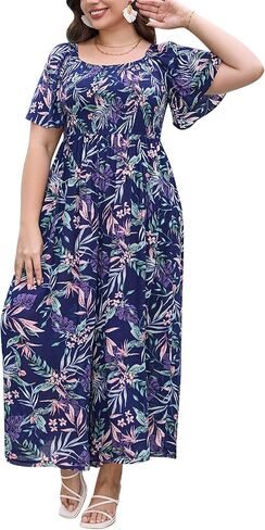 Keluummi Plus Size Wedding Guest Jumpsuits for Curvy Women, Summer Casual Floral Empire Waist Wide Leg One Piece Long Rompers in Saudi Arabia