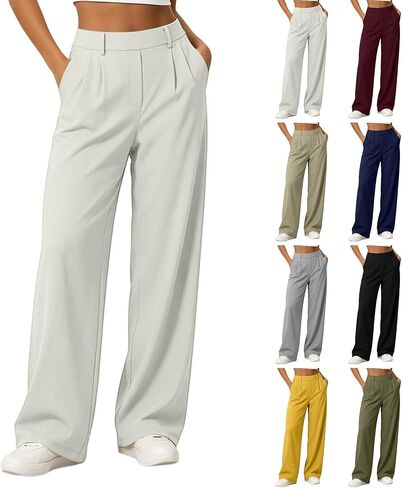 سراويل العمل النسائية مع جيوب واسعة الساق عالية الخصر السببية خفيفة الوزن قابلة للتمدد الصيف مكتب الأعمال اللباس السراويل in Kuwait