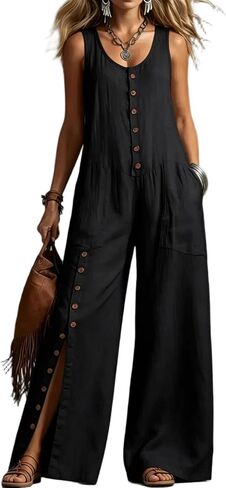 Women's Summer Casual One Piece Jumpsuit Wide Leg Button Rompers Sleeveless Vacation Loose Overalls with Pockets in Saudi Arabia