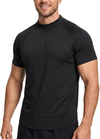 Men Quarter Zip Pullover Tops Short Sleeve Slim Fit Mock Neck Stretchy Sports T-Shirt in Saudi Arabia