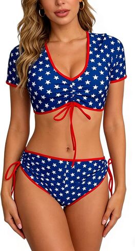 Womens American Flag Bikini Swimsuit Short Sleeve Crop Top High Waisted Boyshorts 2 Piece Swimsuits in Saudi Arabia