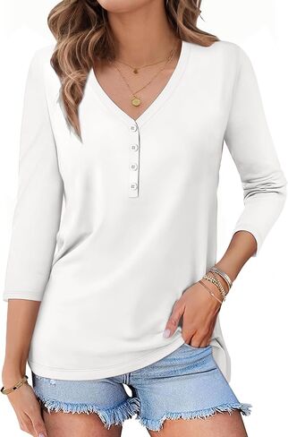 3/4 Length Sleeve Womens Tops Casual V Neck T Shirts Solid Basic Tee Tunic Tops Button Down Shirts Fall Clothes in Saudi Arabia