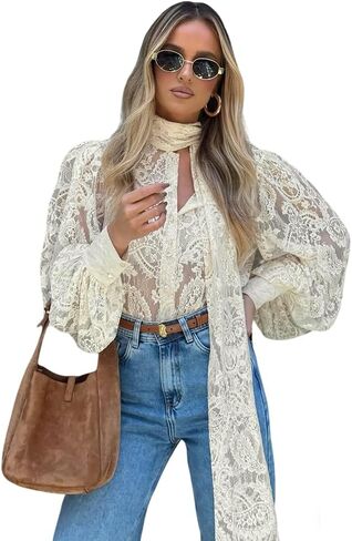 Lace Tops for Women Trendy Bishop Sleeve Blouse with Long Attached Scarf Business Casual Tops in Saudi Arabia