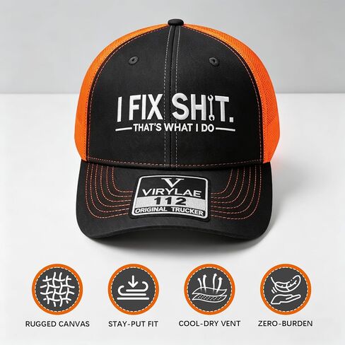 قبعة I Fix S*it Retro Trucker Hat، قبعة بيسبول شبكية قابلة للتنفس مع أقوال مضحكة، قبعة Snapback عتيقة للميكانيكيين والمثبتين، قبعة عمل مضحكة للارتداء اليومي للرجال، هدية لعشاق السيارات - برتقالي in Kuwait