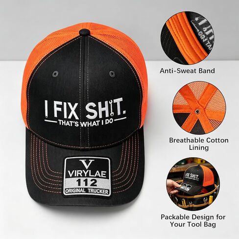 قبعة I Fix S*it Retro Trucker Hat، قبعة بيسبول شبكية قابلة للتنفس مع أقوال مضحكة، قبعة Snapback عتيقة للميكانيكيين والمثبتين، قبعة عمل مضحكة للارتداء اليومي للرجال، هدية لعشاق السيارات - برتقالي in Kuwait