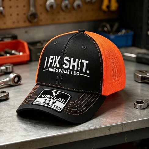 قبعة I Fix S*it Retro Trucker Hat، قبعة بيسبول شبكية قابلة للتنفس مع أقوال مضحكة، قبعة Snapback عتيقة للميكانيكيين والمثبتين، قبعة عمل مضحكة للارتداء اليومي للرجال، هدية لعشاق السيارات - برتقالي in Kuwait