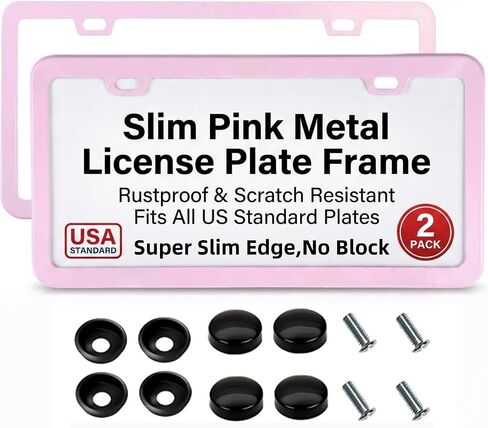 Fashion Super Slim Matte Cherry Blossom Pink License Plate Frames,Stainless Steel License Plate Holders,Weather Proof License Plate Cover for Women(2 Frames) in Kuwait