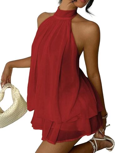 Narecte Womens Summer Dresses Halter Tie Mini Dress with Built-in Shorts, Chiffon Elegant A-Line Backless Sundress in Saudi Arabia