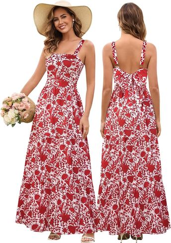 HTZMO Womens Summer Wedding Guest Floral Maxi Sundress Square Neck Back Bow Tie Flowy Boho Beach Vacation Long Dresses in Kuwait