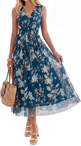 BerryGo Womens Floral Wedding Guest Dress Boho Summer Flowy A Line Casual Sleeveless V Neck Empire Waist Long Tulle Dresses in Saudi Arabia