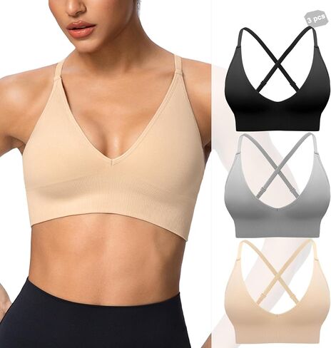 3 Pack Sport Bras for Women, Criss Cross Back, Adjustable Spaghetti Strap, Deep V Neck Padded Low Impact Wireless Top in Saudi Arabia