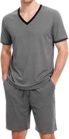 Men's Pajamas Set Short Sleeve Pjs Top & Shorts with Pockets 2 Piece Summer Loungewear Lightweight Modal Sleepwear in Kuwait