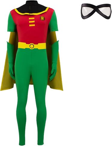 Robin Costume for Men Women Deluxe Jumpsuit Cloak with Gloves Belt Stocking Halloween Cosplay Bodysuit Full Set in Kuwait