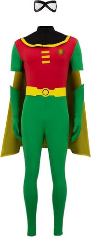 Robin Costume for Men Women Deluxe Jumpsuit Cloak with Gloves Belt Stocking Halloween Cosplay Bodysuit Full Set in Kuwait