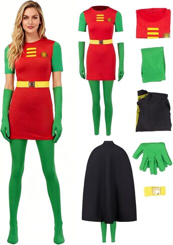 Robin Costume for Men Women Deluxe Jumpsuit Cloak with Gloves Belt Stocking Halloween Cosplay Bodysuit Full Set in Kuwait