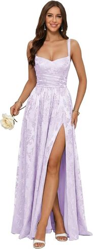 Jacquard Satin Prom Dresses with Slit Spaghetti Straps Bridesmaid Dress A Line Maxi Long Formal Dress in Saudi Arabia