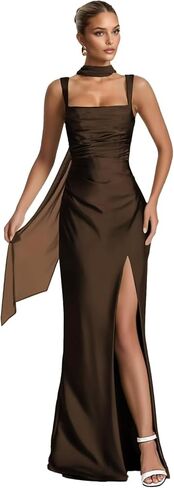 Long Satin Bridesmaid Dresses for Women Mermaid Pleated Maxi Formal Evening Gown with A Scarf in Saudi Arabia