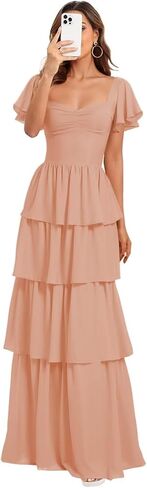 Tiered Bridesmaid Dresses Short Sleeve Long Chiffon Wedding Guest Dress for Women Ruffles Prom Evening Gowns in Kuwait
