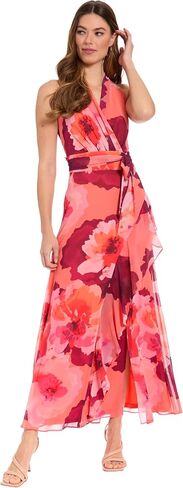 London Times Women's Elegant Floral V-Neck Sleeveless Wrap Maxi Dress for Wedding Guest & Special Occasions in Kuwait