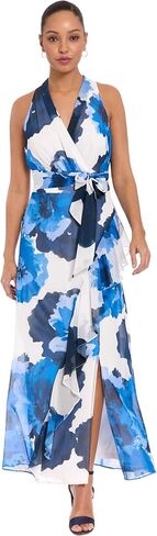 London Times Women's Elegant Floral V-Neck Sleeveless Wrap Maxi Dress for Wedding Guest & Special Occasions in Kuwait