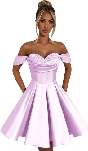 Women's Off Shoulder Satin Sweetheart Prom Dresses Sequin Short A Line Evening Party Gowns KN095 in Saudi Arabia