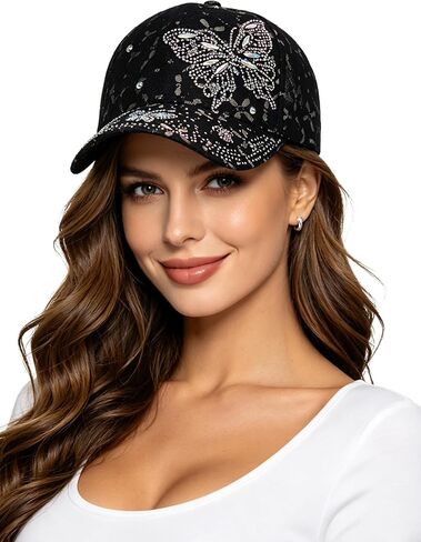 Women Bling Butterfly Rhinestone Baseball Cap Lace Floral Trendy Adjustable Sun Visor Trucket Hat for Outdoor Workout in Saudi Arabia