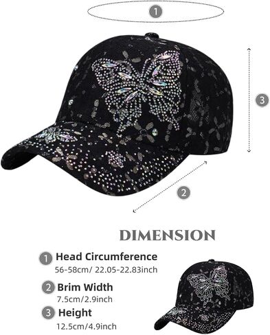 Women Bling Butterfly Rhinestone Baseball Cap Lace Floral Trendy Adjustable Sun Visor Trucket Hat for Outdoor Workout in Saudi Arabia