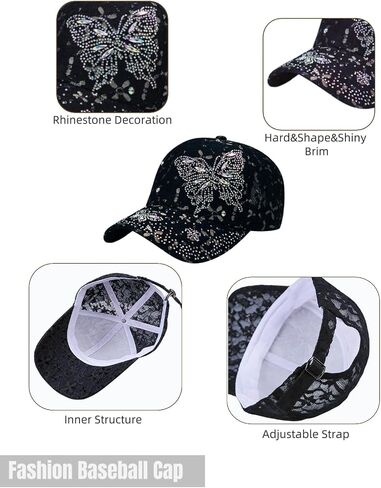Women Bling Butterfly Rhinestone Baseball Cap Lace Floral Trendy Adjustable Sun Visor Trucket Hat for Outdoor Workout in Saudi Arabia