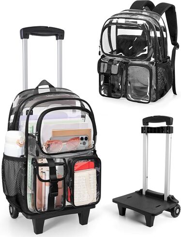 Yarwo Rolling Clear Backpack with Base Board, 17-Inch Heavy Duty PVC Transparent Backpack with Detachable Trolley, Wheeled Clear Bag for Teens, College, Travel, Concert, Work, Stadium Events, Purple in Kuwait