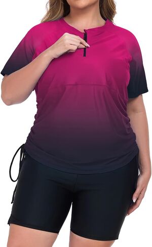 Inno Women's 2 Pcs Plus Size Rash Guard Set with Built-in Bra Zip Swim Top UPF 50+ Adjustable Ruched Side Swimsuit in Kuwait