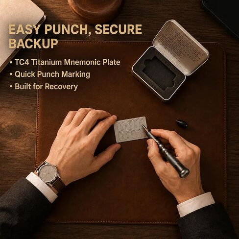 Titanium Seed Phrase Plate - 3000°F Fireproof TC4 Aerospace Titanium Crypto Cold Wallet Backup, 12/24 Word BIP39 Compatible with Ledger Trezor, Auto Center Punch & Metal Case in Saudi Arabia