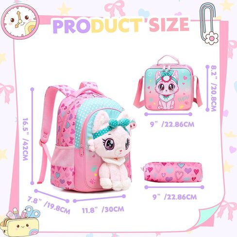 Meetbelify Cute Cat School Backpacks for Girls Backpack with Lunch Bag for Elmentary Students Kids Travel Bookbag for Girls Age 6-12 in Saudi Arabia