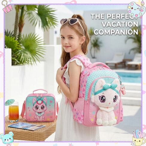Meetbelify Cute Cat School Backpacks for Girls Backpack with Lunch Bag for Elmentary Students Kids Travel Bookbag for Girls Age 6-12 in Saudi Arabia