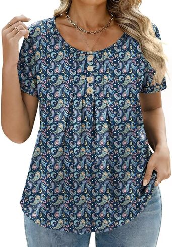 DOLNINE Plus-Size-Shirts for Women Summer Loose Fit Short Sleeve Crewneck Tunic Tops Flowy Pleated Button Down Blouses in Kuwait