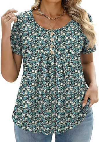 DOLNINE Plus-Size-Shirts for Women Summer Loose Fit Short Sleeve Crewneck Tunic Tops Flowy Pleated Button Down Blouses in Kuwait