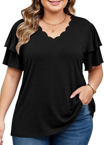 HDLTE Plus Size Tops for Women Ruffle Sleeve Shirts Curved V Neck Loose Fit Blouse Summer Trendy Clothes 2026 in Saudi Arabia