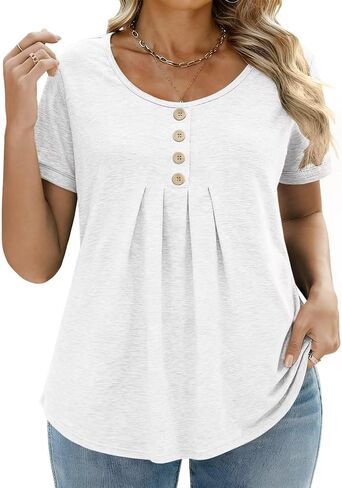 DOLNINE Plus-Size-Shirts for Women Summer Loose Fit Short Sleeve Crewneck Tunic Tops Flowy Pleated Button Down Blouses in Kuwait