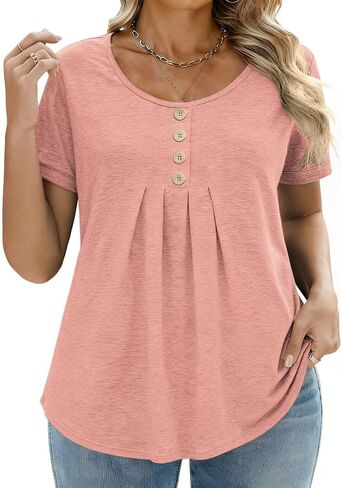 DOLNINE Plus-Size-Shirts for Women Summer Loose Fit Short Sleeve Crewneck Tunic Tops Flowy Pleated Button Down Blouses in Kuwait