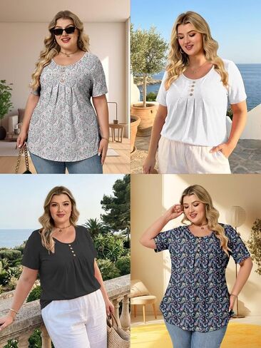 DOLNINE Plus-Size-Shirts for Women Summer Loose Fit Short Sleeve Crewneck Tunic Tops Flowy Pleated Button Down Blouses in Kuwait