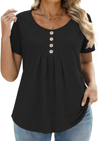 DOLNINE Plus-Size-Shirts for Women Summer Loose Fit Short Sleeve Crewneck Tunic Tops Flowy Pleated Button Down Blouses in Kuwait