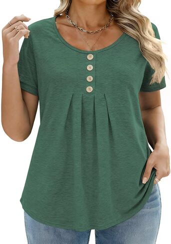 DOLNINE Plus-Size-Shirts for Women Summer Loose Fit Short Sleeve Crewneck Tunic Tops Flowy Pleated Button Down Blouses in Kuwait
