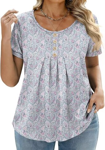 DOLNINE Plus-Size-Shirts for Women Summer Loose Fit Short Sleeve Crewneck Tunic Tops Flowy Pleated Button Down Blouses in Kuwait
