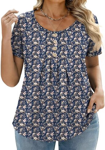 DOLNINE Plus-Size-Shirts for Women Summer Loose Fit Short Sleeve Crewneck Tunic Tops Flowy Pleated Button Down Blouses in Kuwait