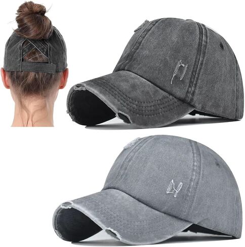 Womens Criss Cross Hat Vintage Washed Cotton Distressed Baseball Cap Ponytail Hat High Messy Bun Ponycap in Saudi Arabia