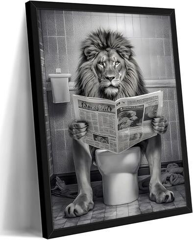 Funny Lion Bathroom Wall Art, Black and White Lion on Toilet Canvas Print, Framed Animal Bathroom Decor 12x16 Ready to Hang in Saudi Arabia